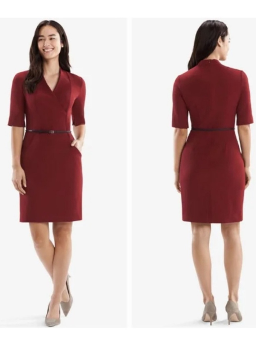 MM Lafleur Maroon V-Neck Sheath Dress Pockets and Belt Size 10
